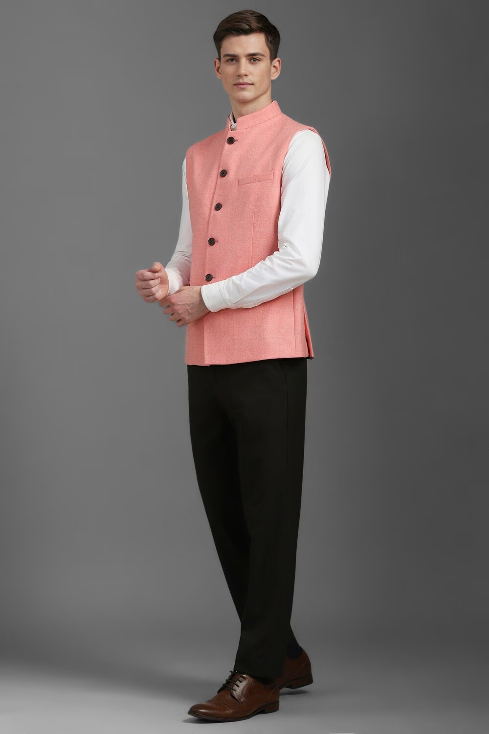Men Peach Textured Slim Fit Casual Nehru Jacket-Peach