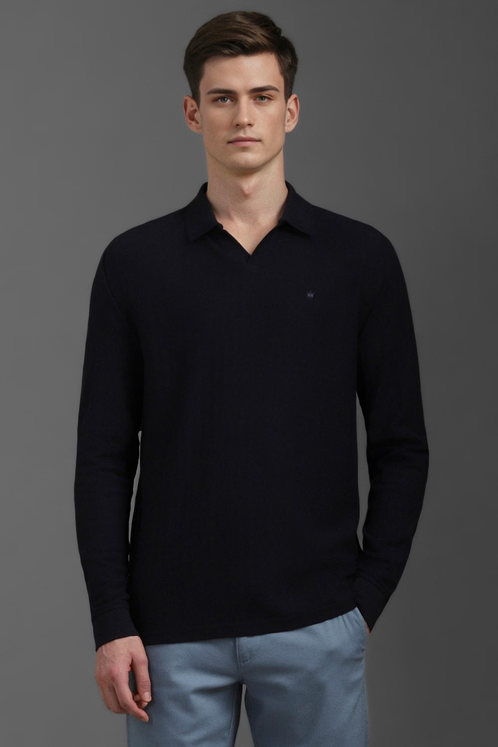 Men Black Textured Polo Neck T-shirt-Black
