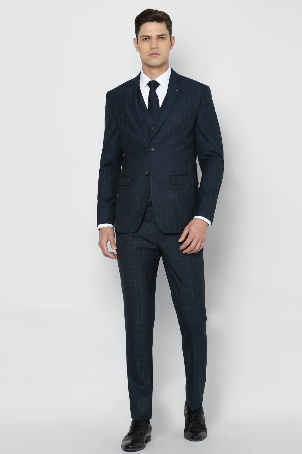 Men Navy Slim Fit Check Formal Three Piece Suit-Navy