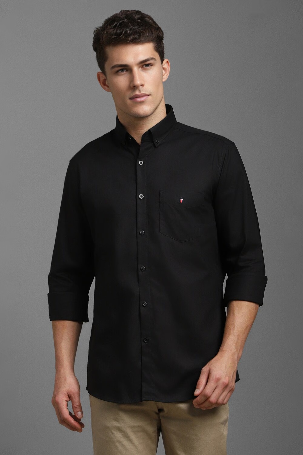 Men Black Slim Fit Solid Full Sleeves Casual Shirt-Black