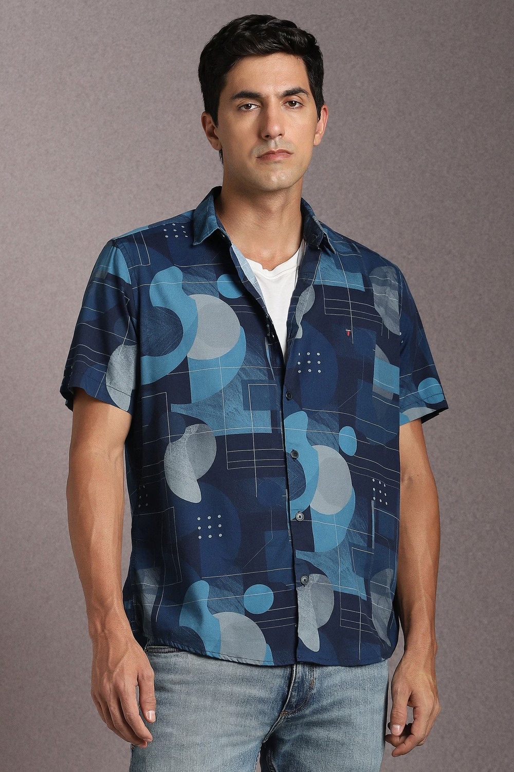 Men Navy Print Half Sleeves Casual Shirt-Navy