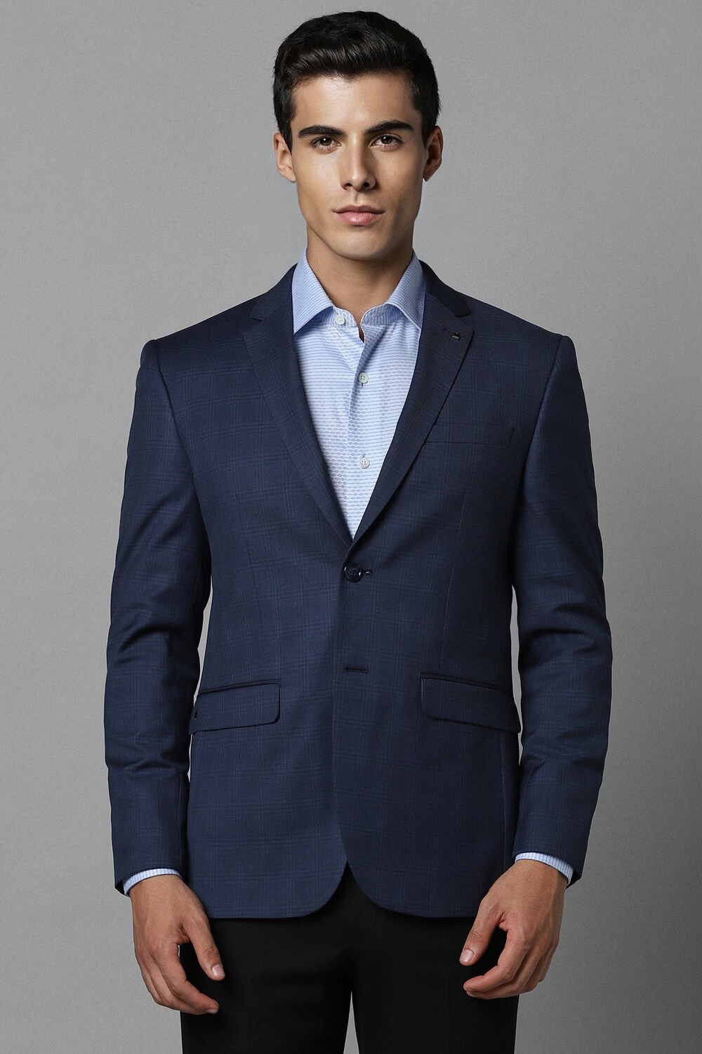 Men Navy Slim Fit Check Formal Blazer-Navy