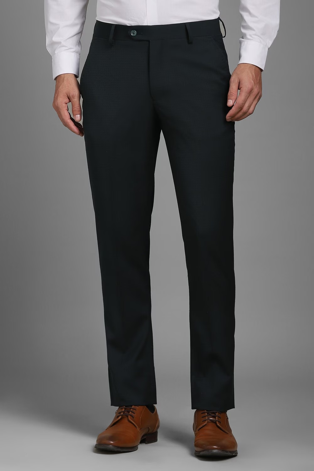 Men Green Textured Flat Front Formal Trousers-Green