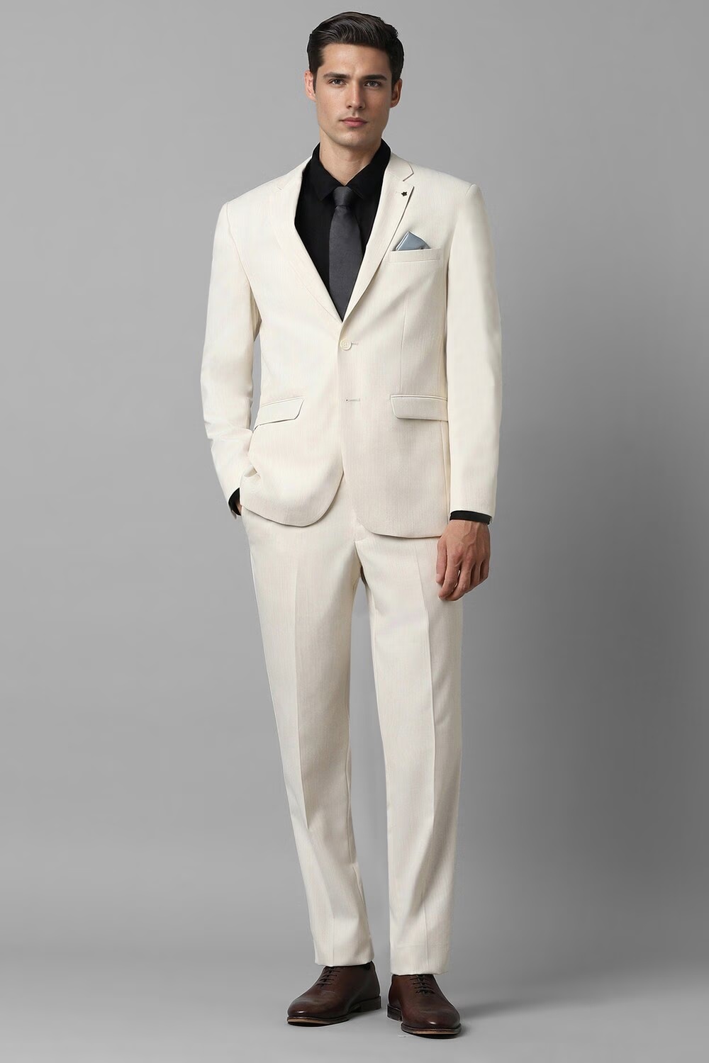 Men Cream Slim Fit Textured Formal Two Piece Suit-Cream