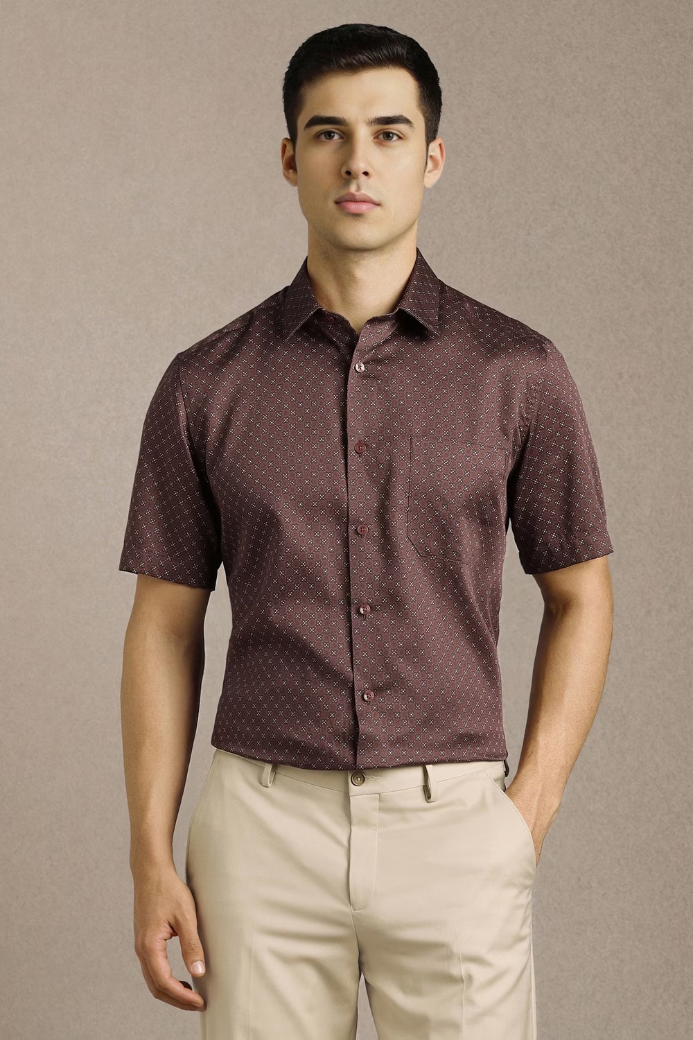Men Brown Print Half Sleeves Formal Shirt-Brown