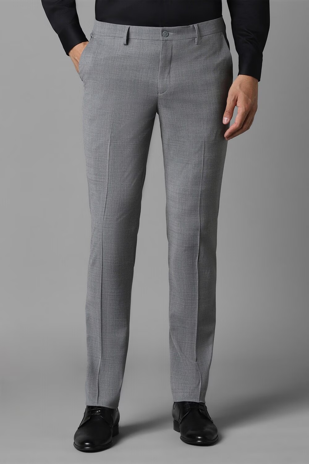 Men Grey Slim Fit Check Flat Front Formal Trousers-Grey