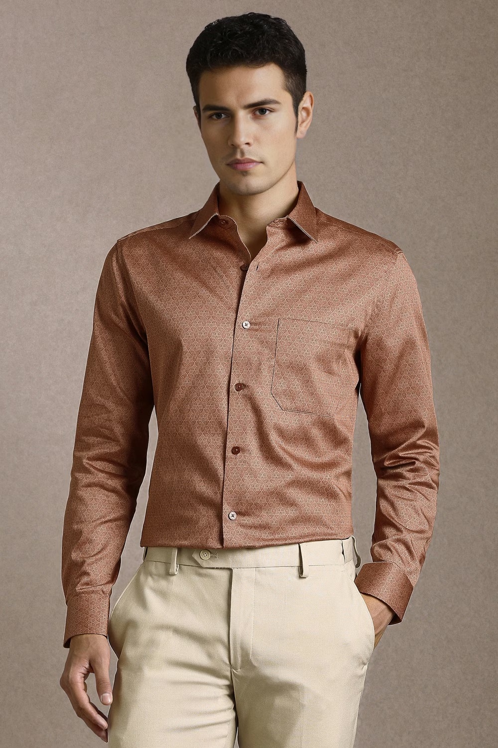 Men Brown Print Full Sleeves Formal Shirt-Brown