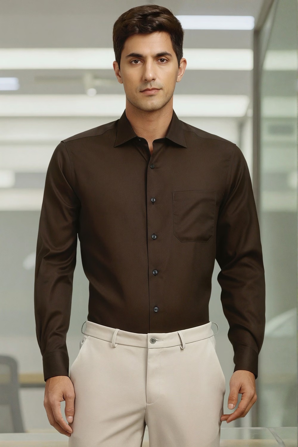 Men Brown Solid Full Sleeves Formal Shirt-Brown
