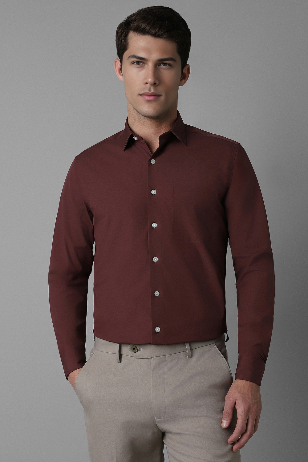Men Maroon Solid Full Sleeves Formal Shirt-Maroon