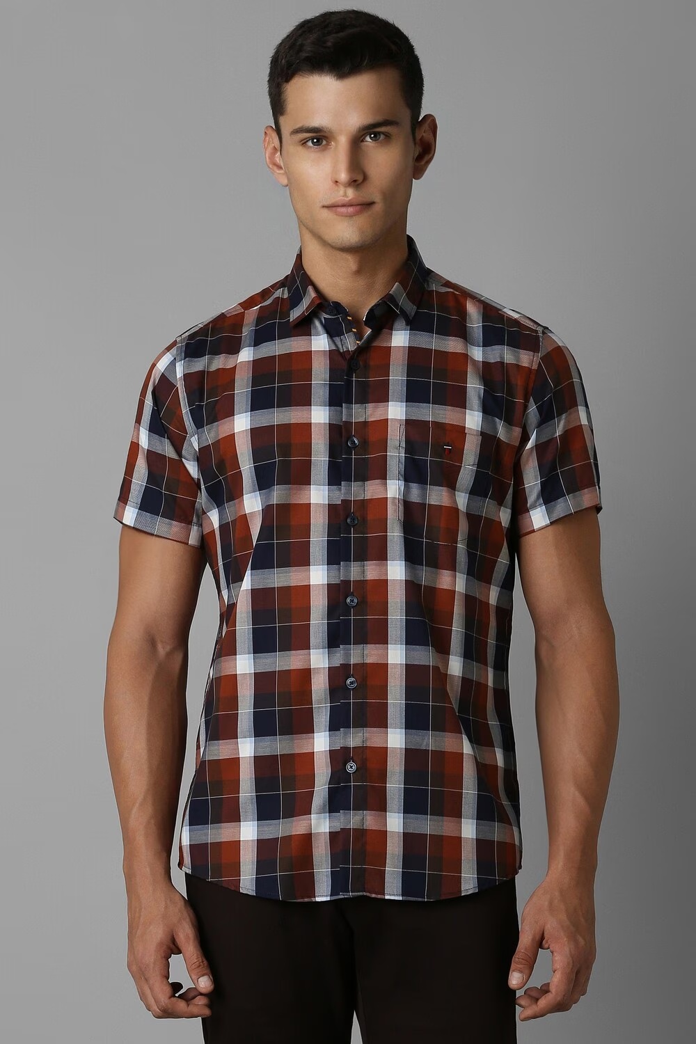 Men Brown Slim Fit Check Half Sleeves Casual Shirt-Brown