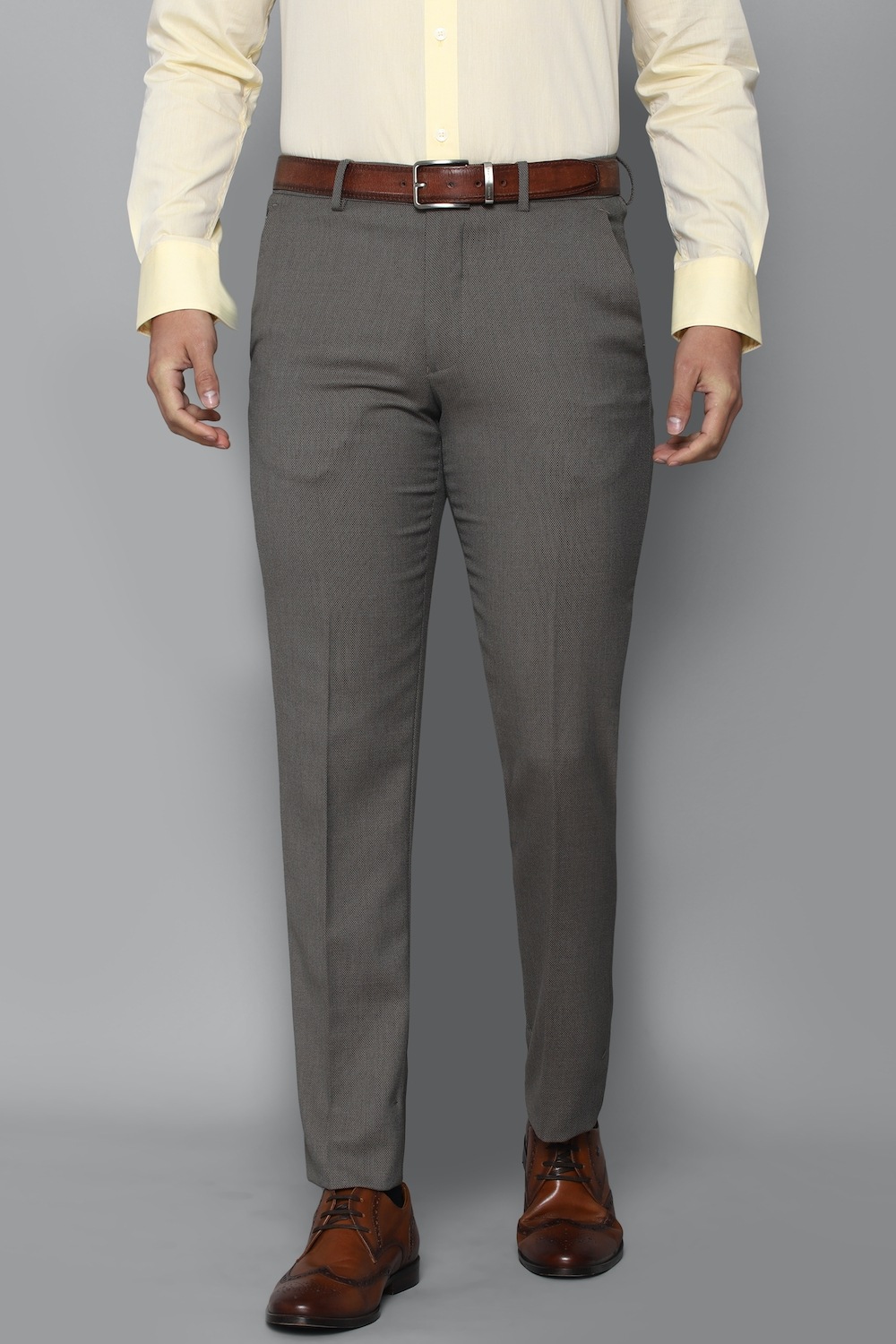 Men Grey Slim Fit Solid Flat Front Formal Trousers-Grey