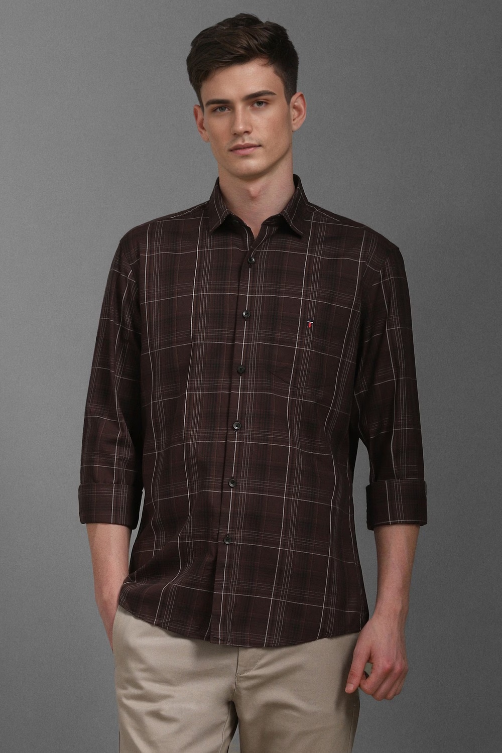 Men Brown Slim Fit Check Full Sleeves Casual Shirt-Brown