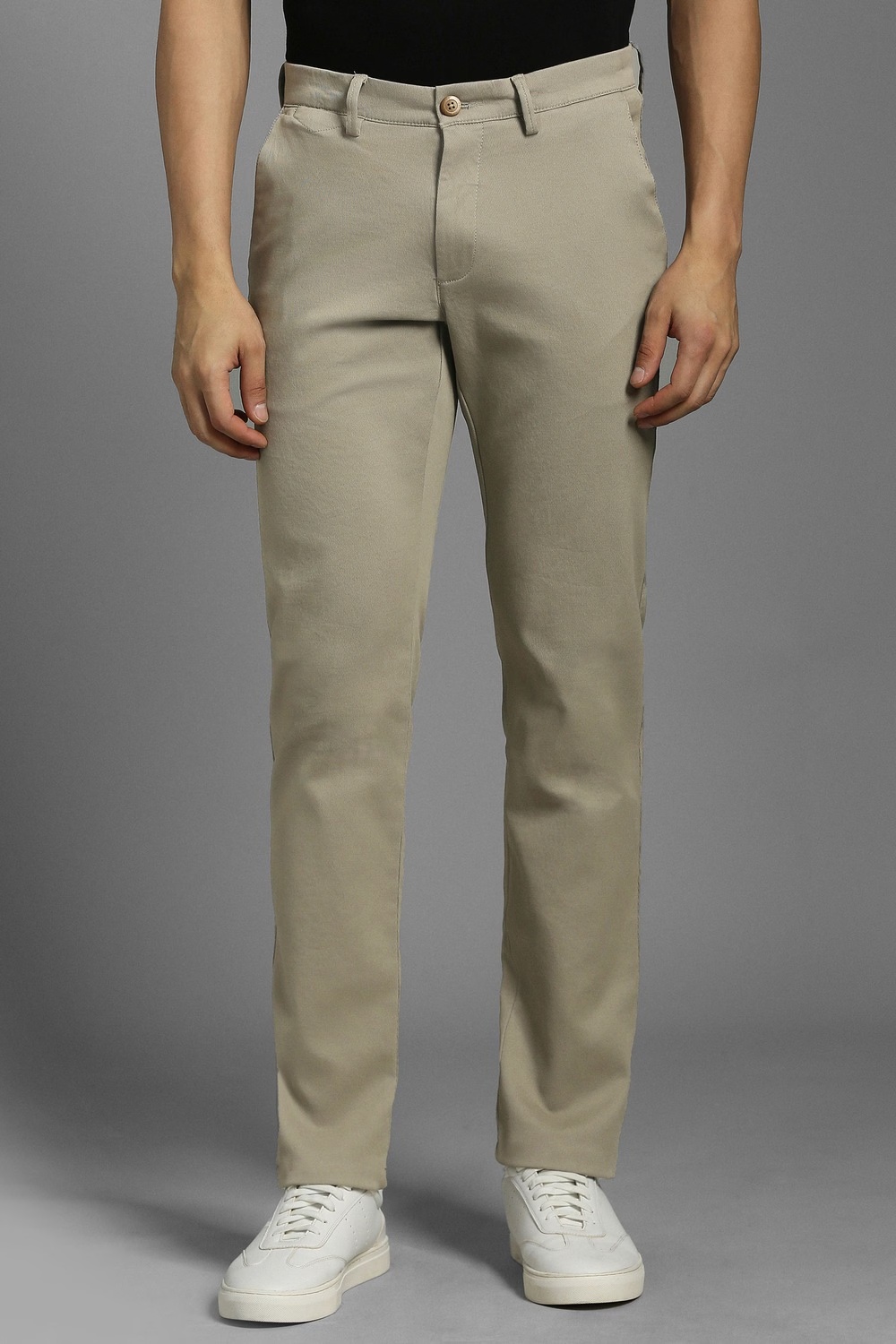 Men Beige Textured Flat Front Casual Trousers-Beige