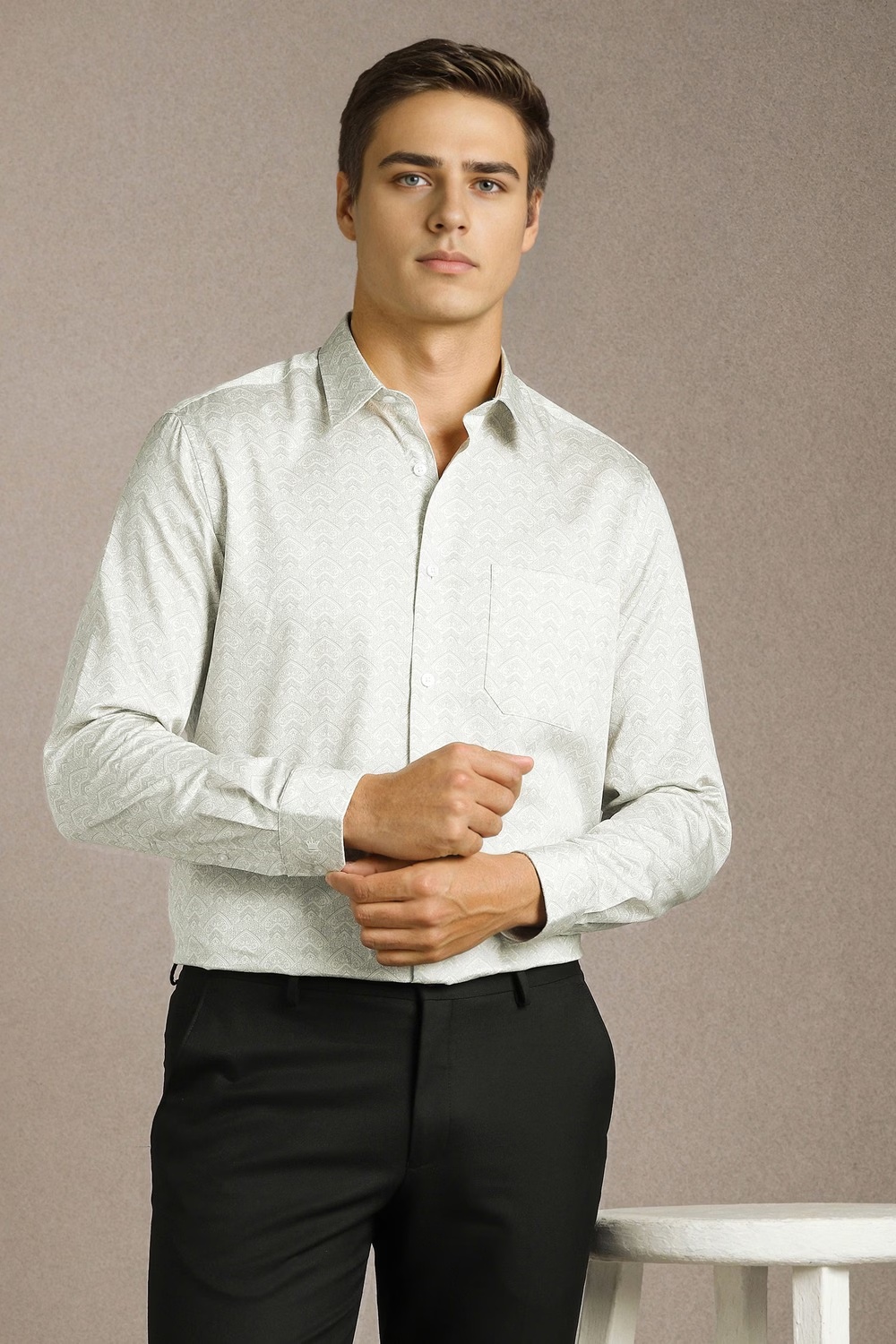 Men Grey Print Full Sleeves Formal Shirt-Grey