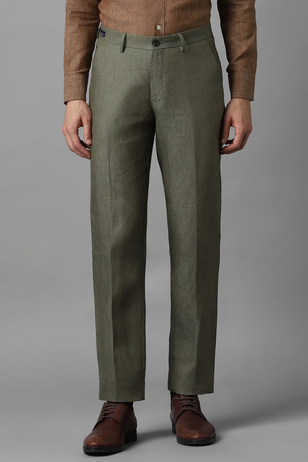 Men Olive Slim Fit Textured Flat Front Formal Trousers-Olive