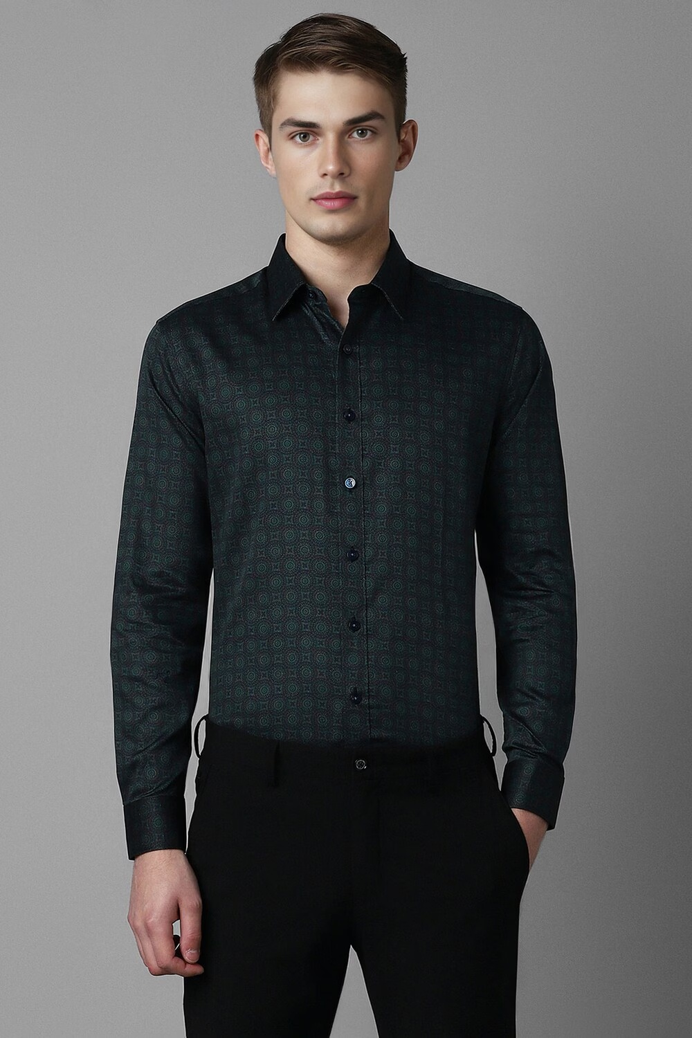 Men Green Slim Fit Print Full Sleeves Formal Shirt-Green