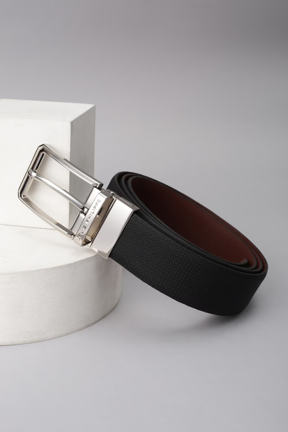 Men Black Textured Genuine Leather Formal Belt-Black