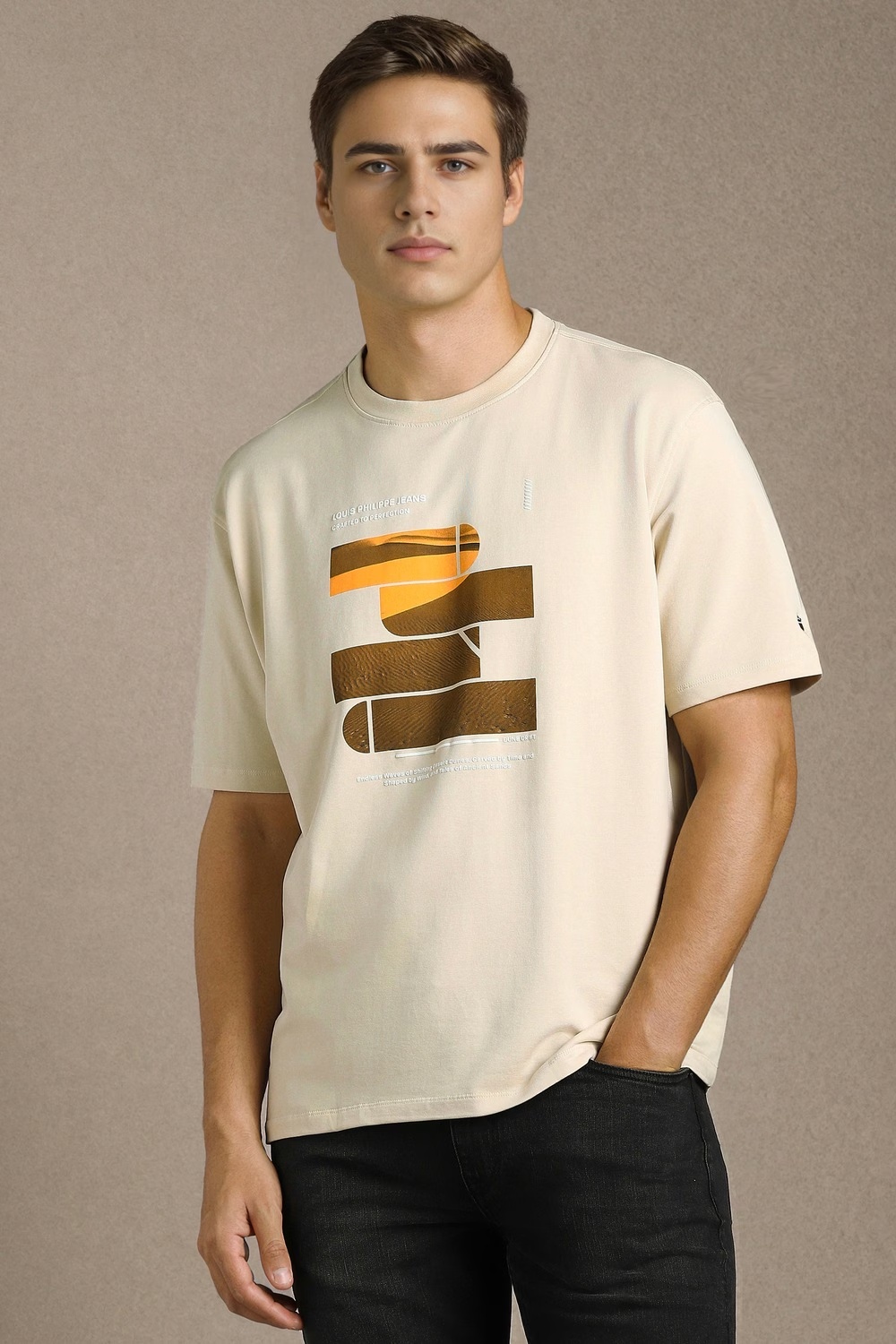 Men Beige Graphic Print Crew Neck T-shirt-Beige