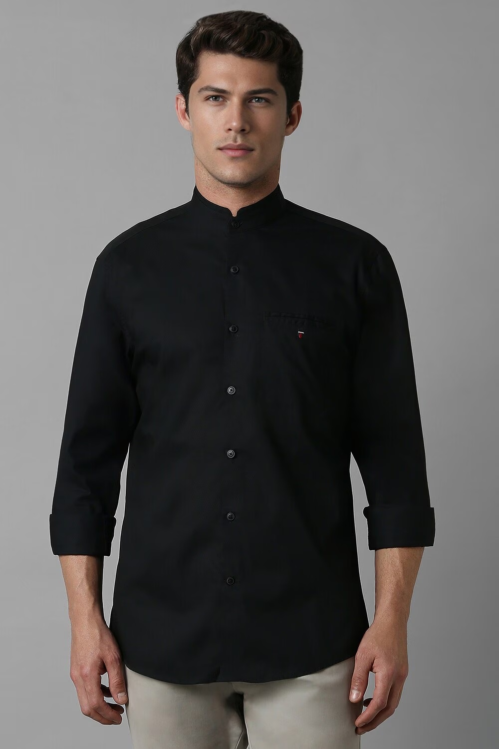 Men Black Slim Fit Solid Full Sleeves Casual Shirt-Black