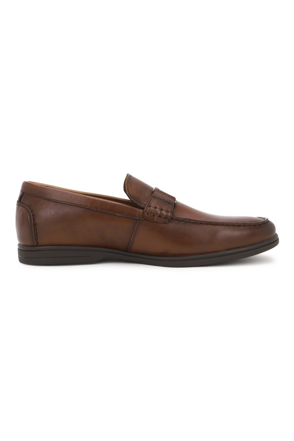 Men Metal Saddle Leather Brown Loafer Slip On Shoes-Brown