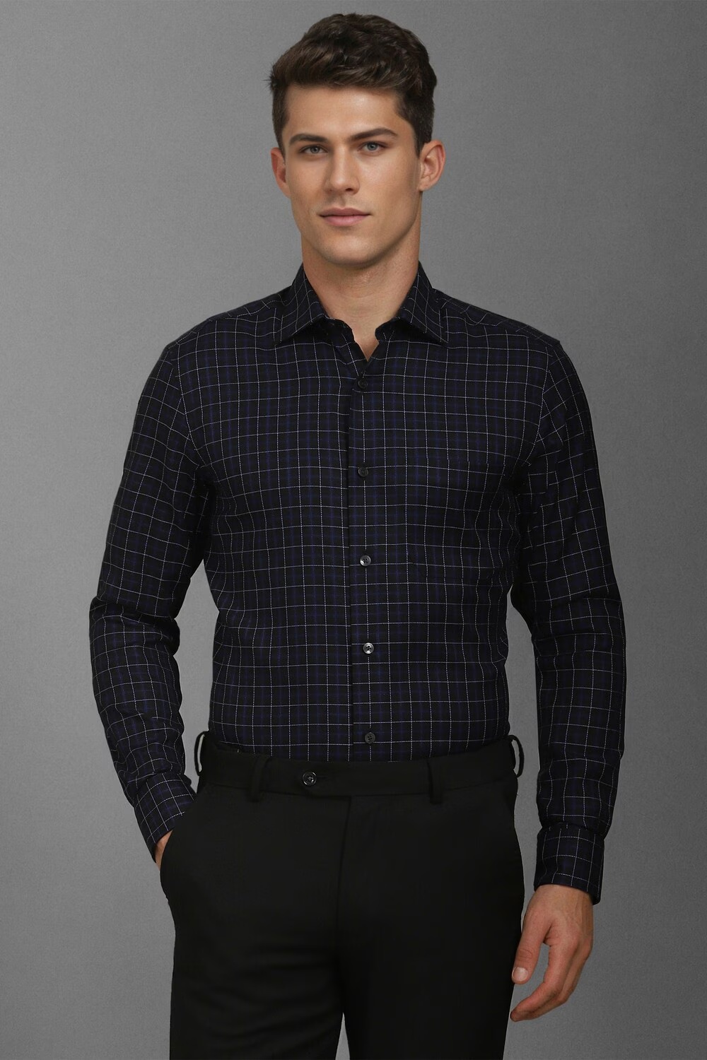 Men Black Classic Fit Check Full Sleeves Formal Shirt-Black