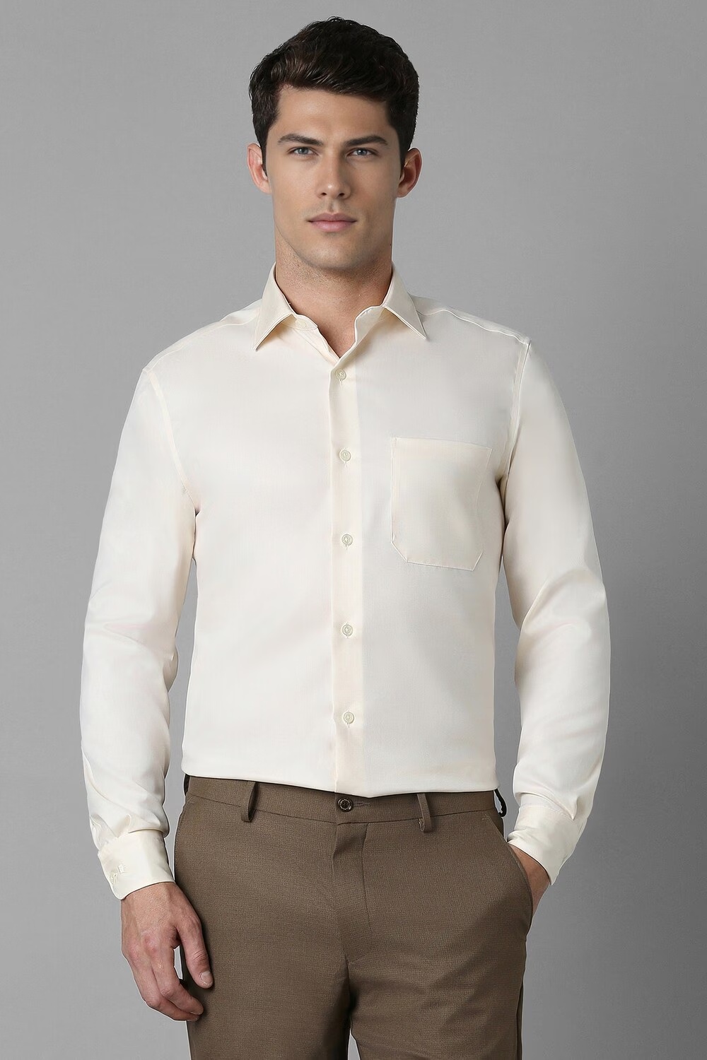 Men Cream Classic Fit Solid Full Sleeves Formal Shirt-Cream