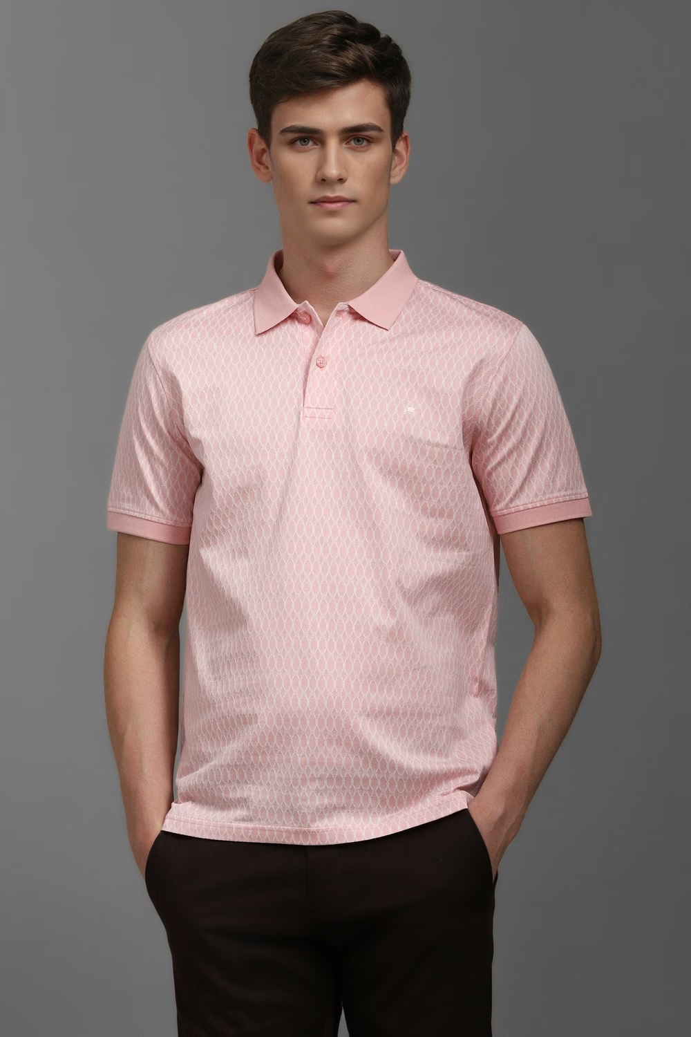 Men Pink Textured Polo Neck T-shirt-Pink
