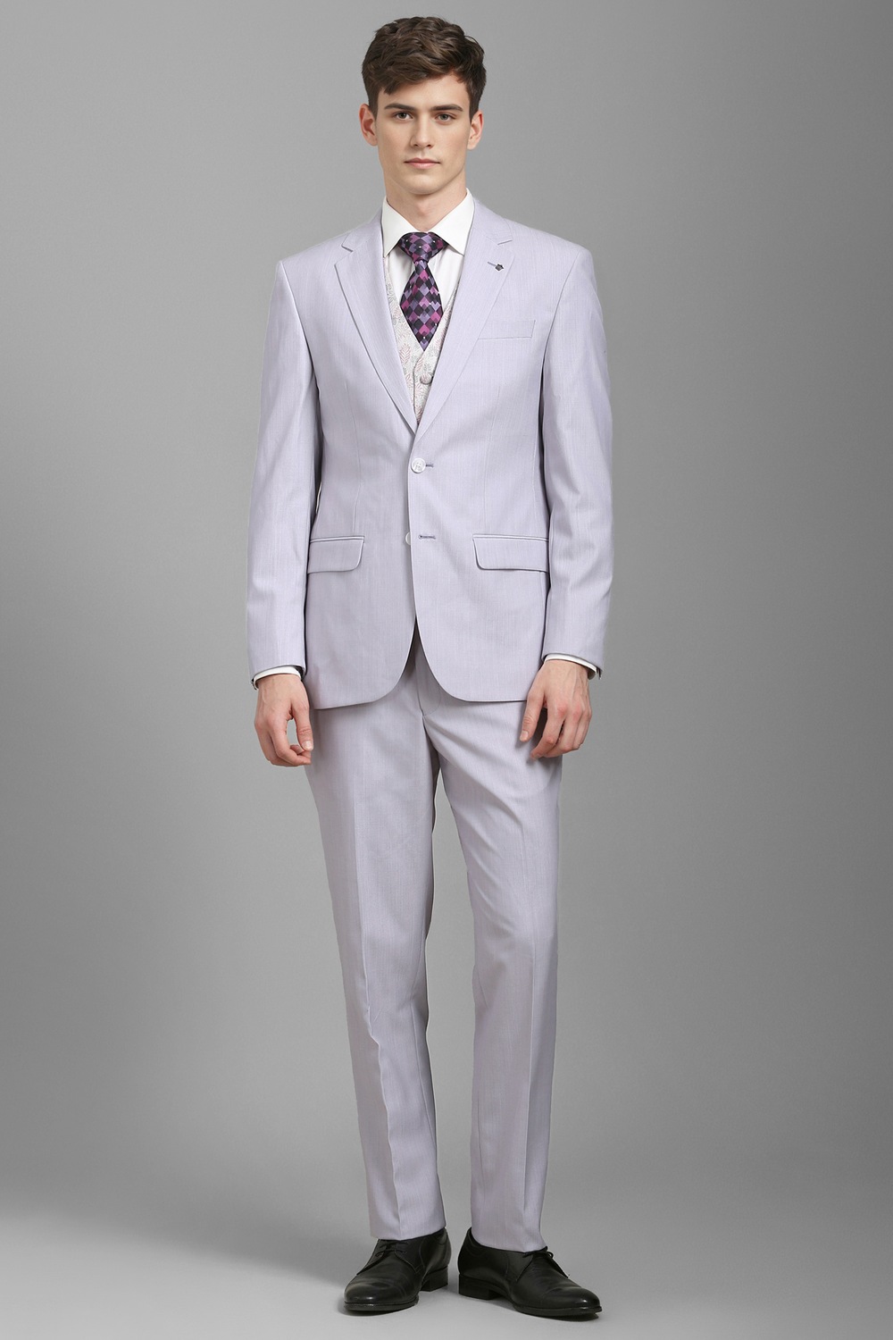 Men Grey Regular Fit Solid Formal Three Piece Suit-Grey