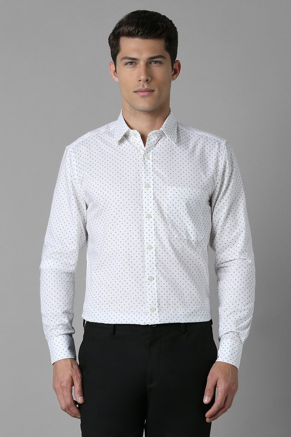 Men White Slim Fit Dots Full Sleeves Formal Shirt-White
