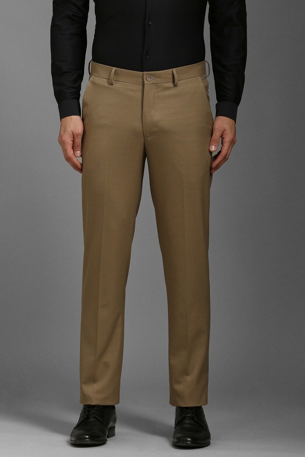 Men Khaki Slim Fit Textured Flat Front Formal Trousers-Khaki