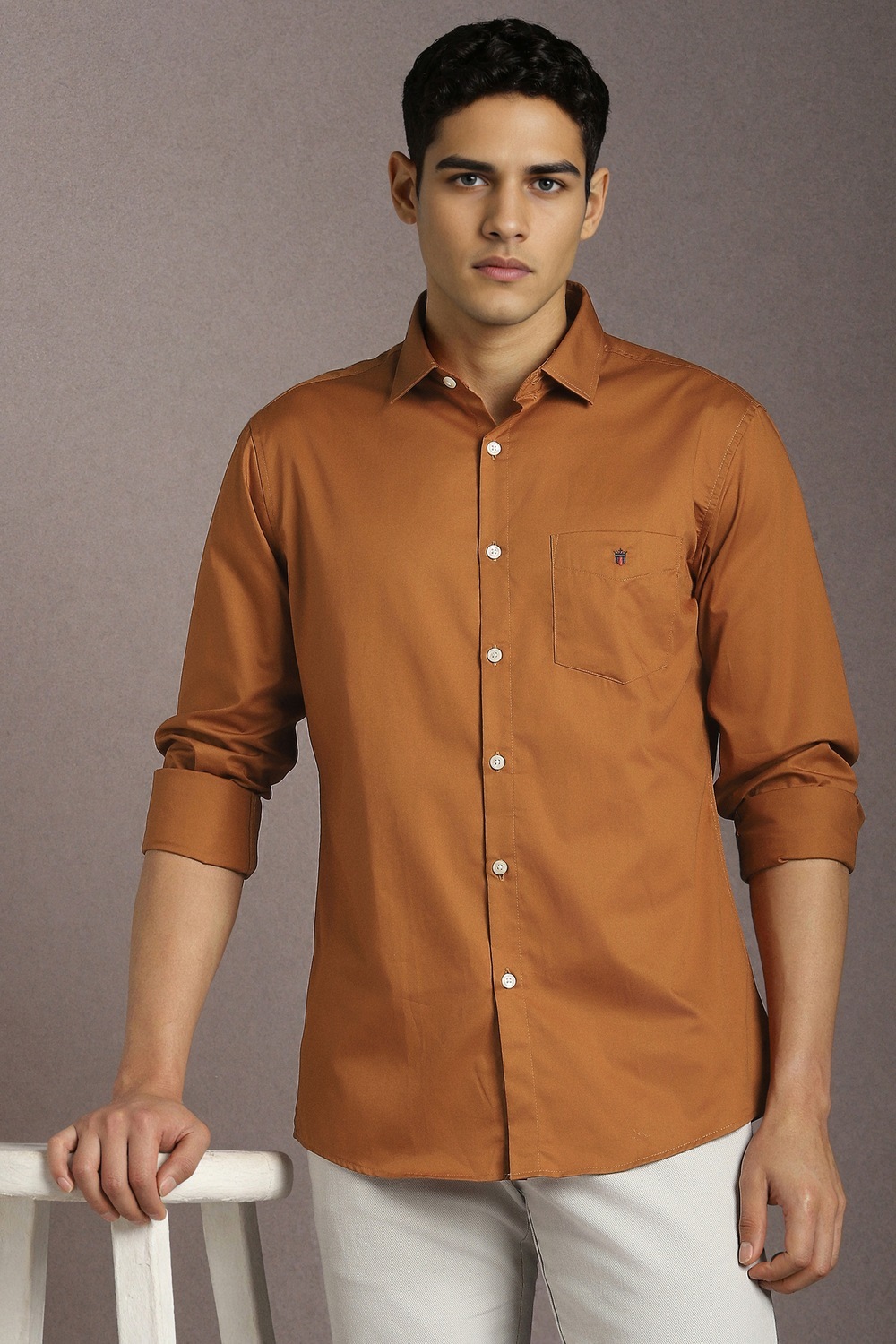 Men Brown Solid Full Sleeves Casual Shirt-Brown