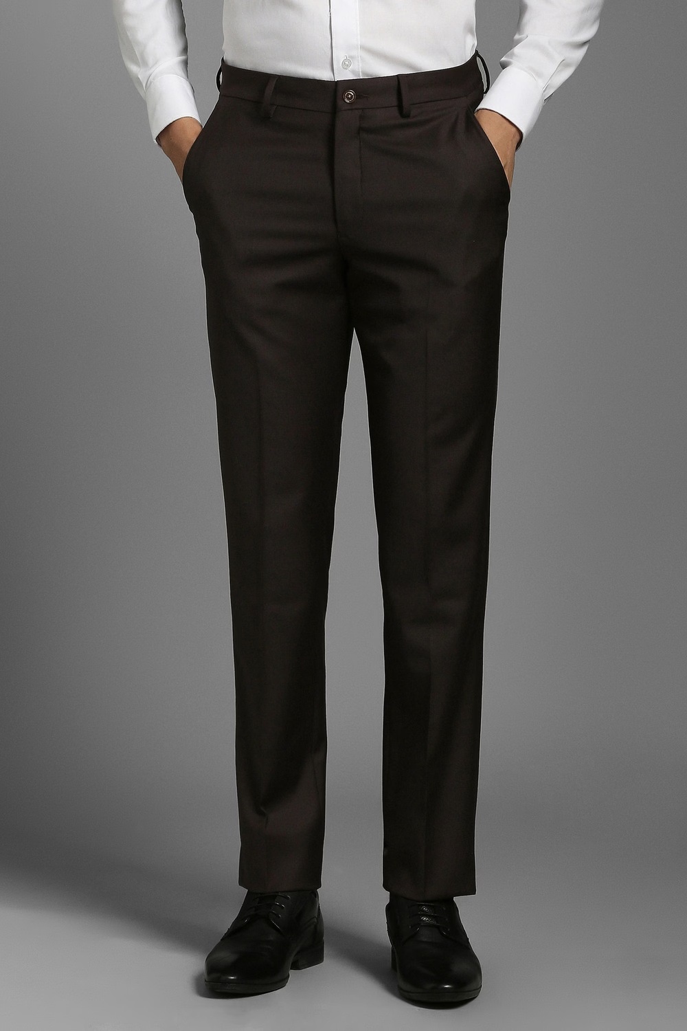 Men Brown Textured Flat Front Formal Trousers-Brown