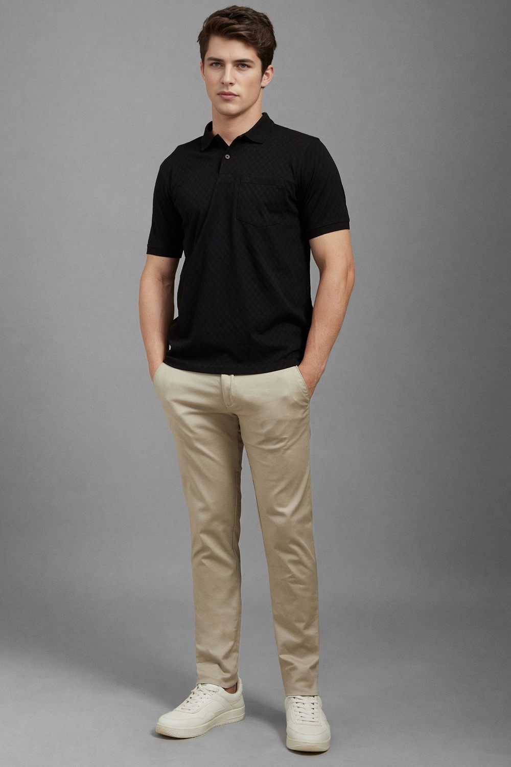 Men Beige Contemporary Fit Solid Flat Front Casual Trousers-Beige