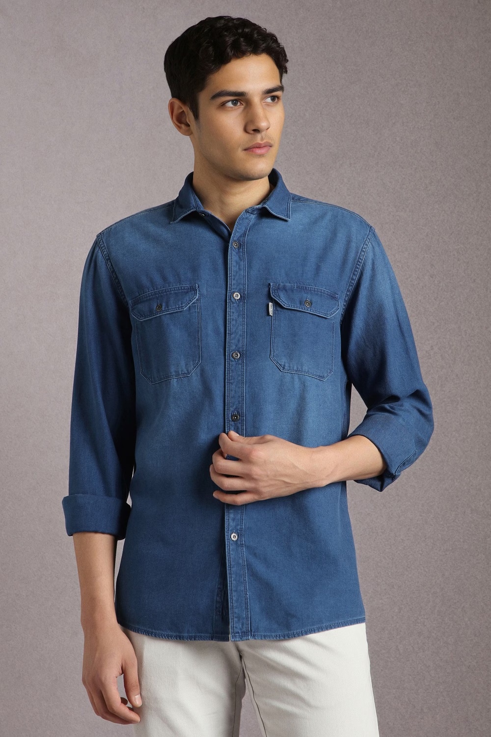 Men Blue Solid Full Sleeves Casual Shirt-Blue