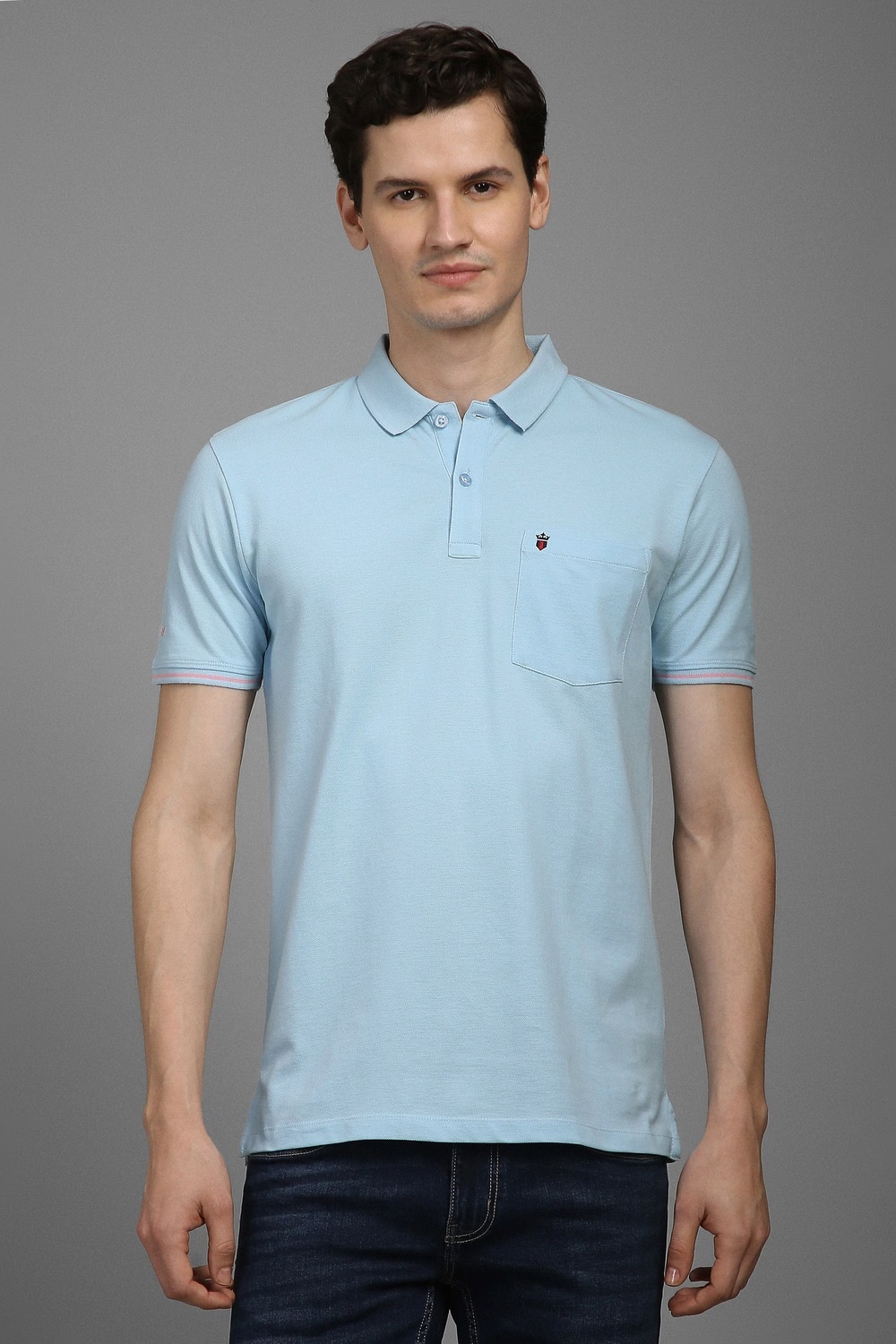 Men Light Blue Solid Polo Neck T-shirt-Light Blue