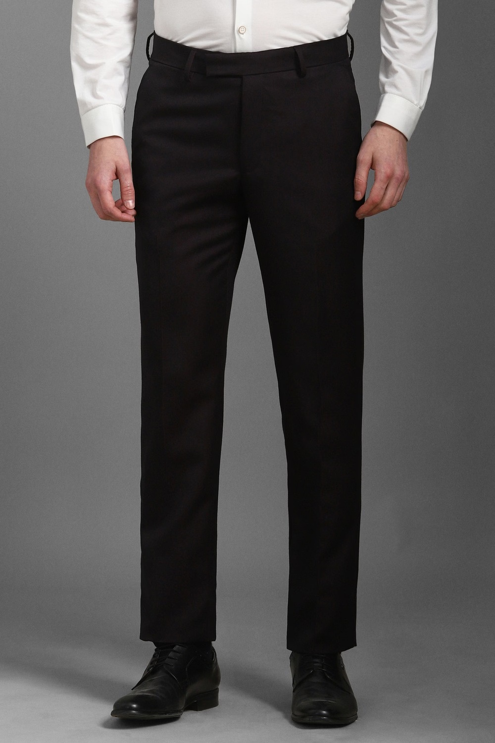 Men Brown Slim Fit Solid Flat Front Formal Trousers-Brown