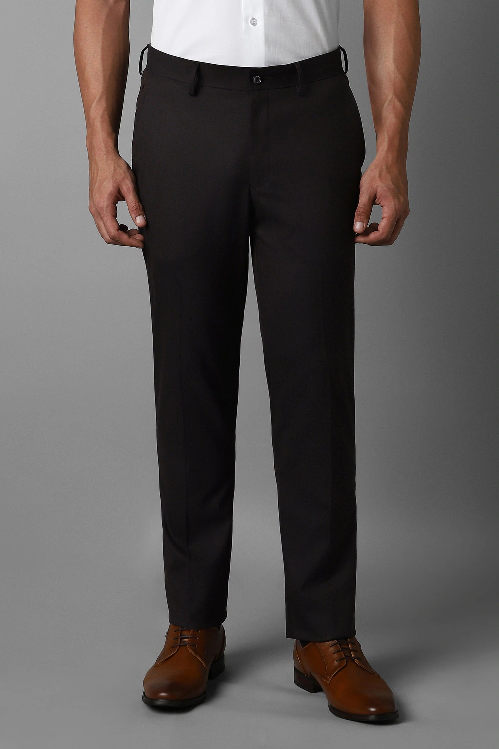 Men Brown Slim Fit Solid Flat Front Formal Trousers-Brown