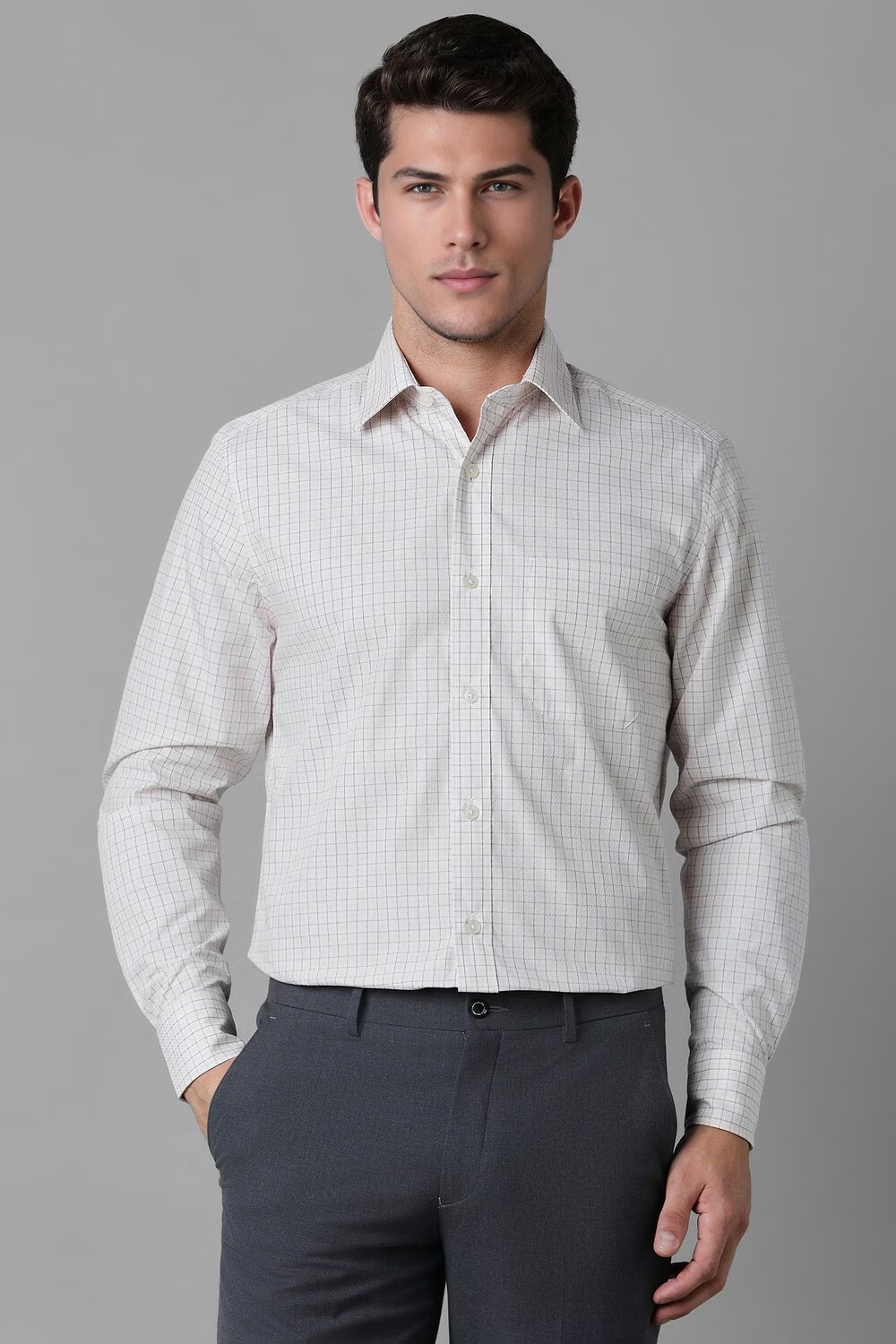 Men White Classic Fit Check Full Sleeves Formal Shirt-White