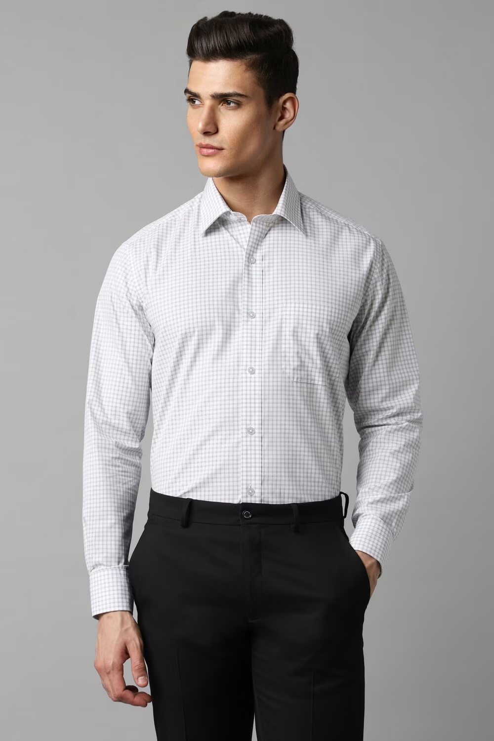 Men White Classic Fit Check Full Sleeves Formal Shirt-White