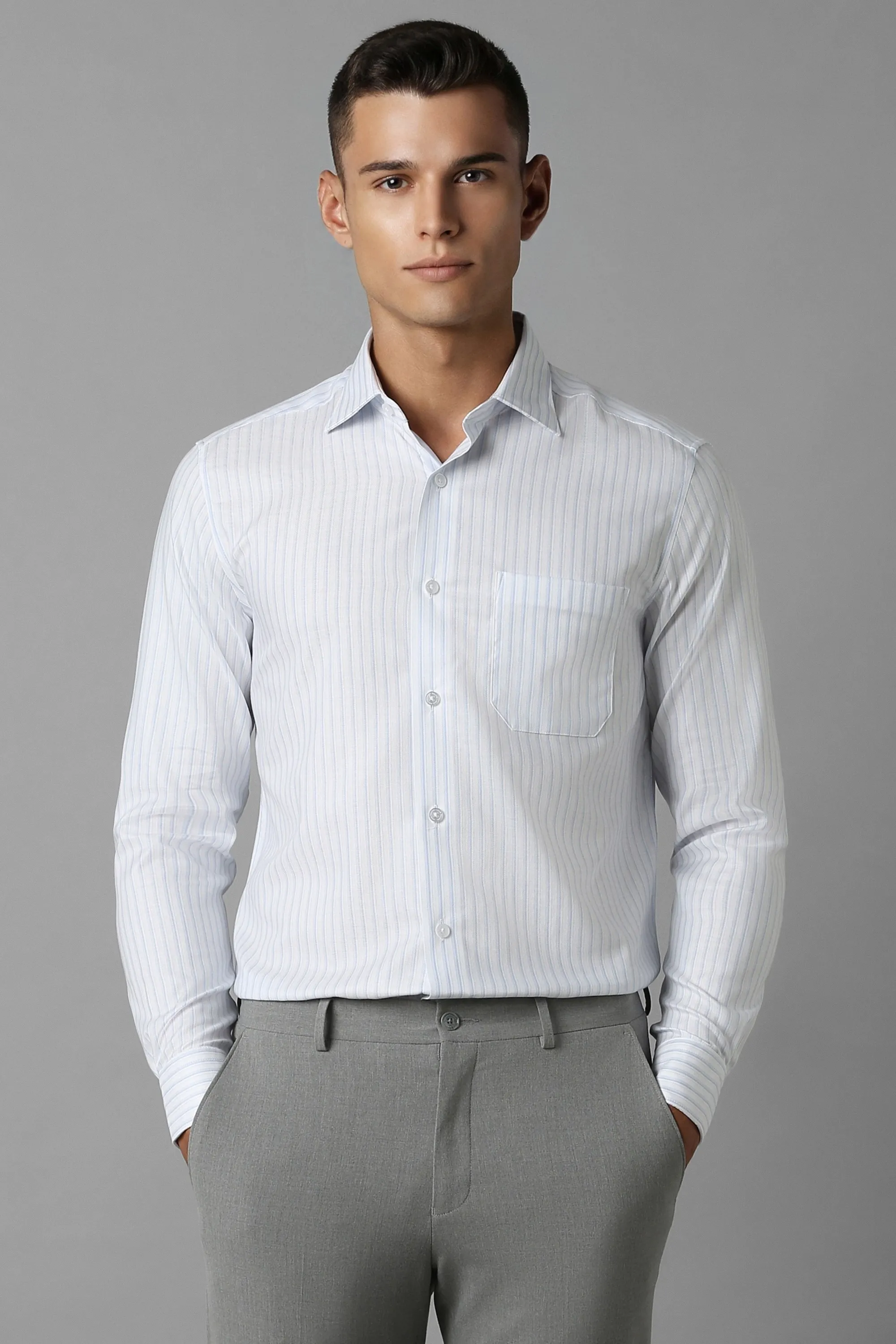 Men White Classic Fit Stripe Full Sleeves Formal Shirt-White