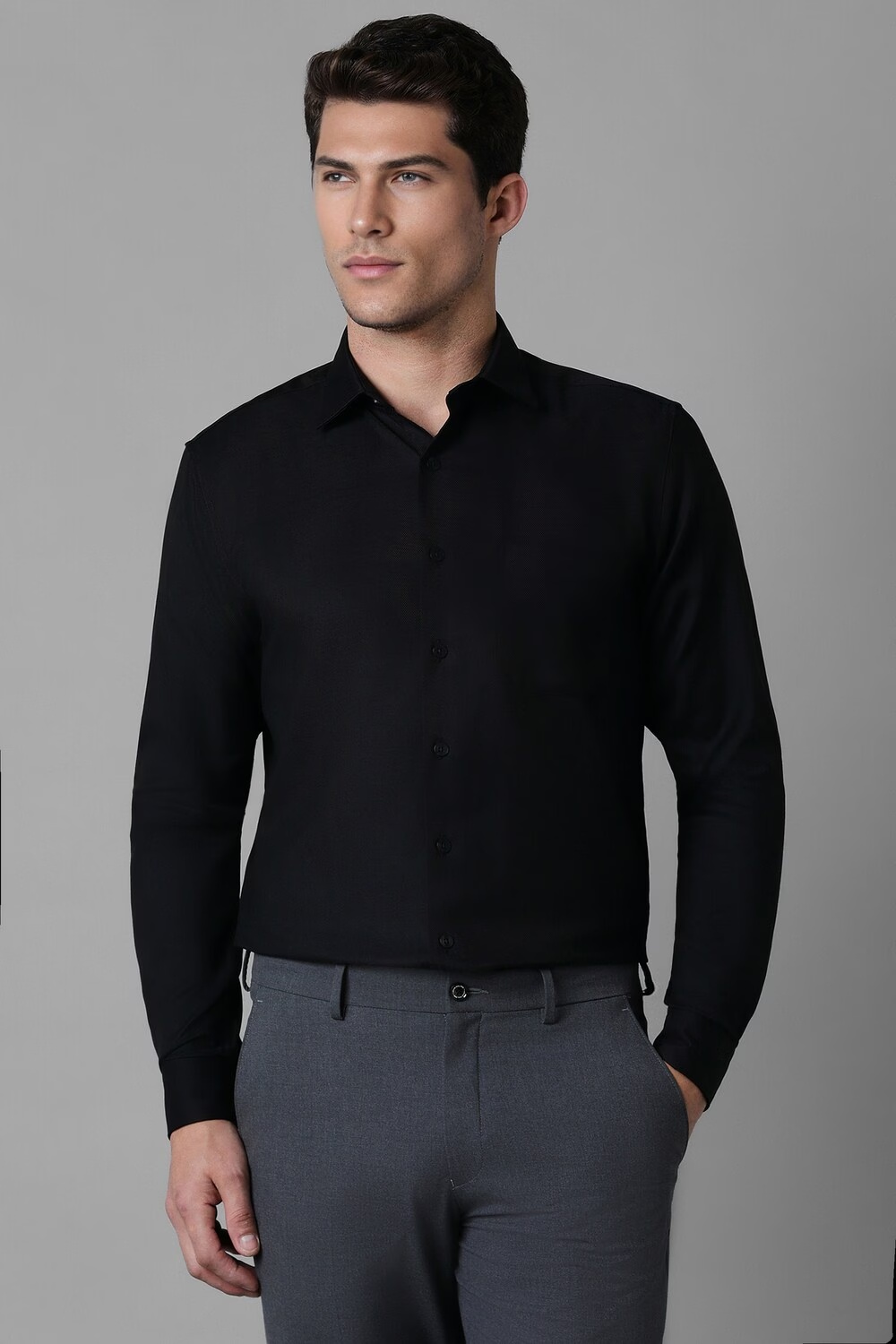 Men Black Slim Fit Textured Full Sleeves Formal Shirt-Black