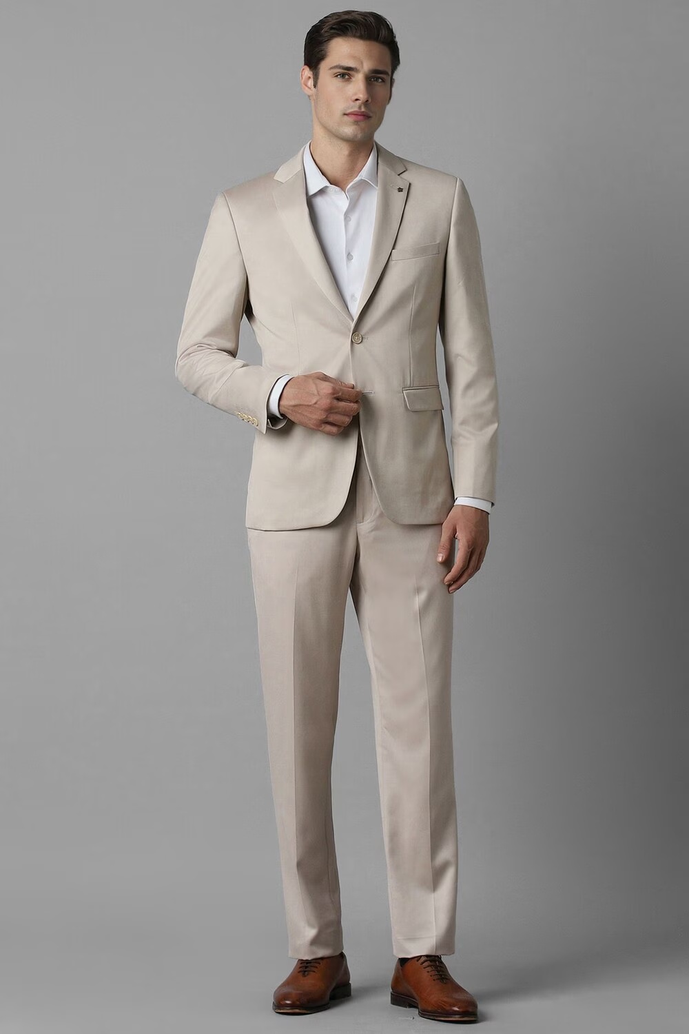Men Beige Slim Fit Solid Formal Two Piece Suit-Beige