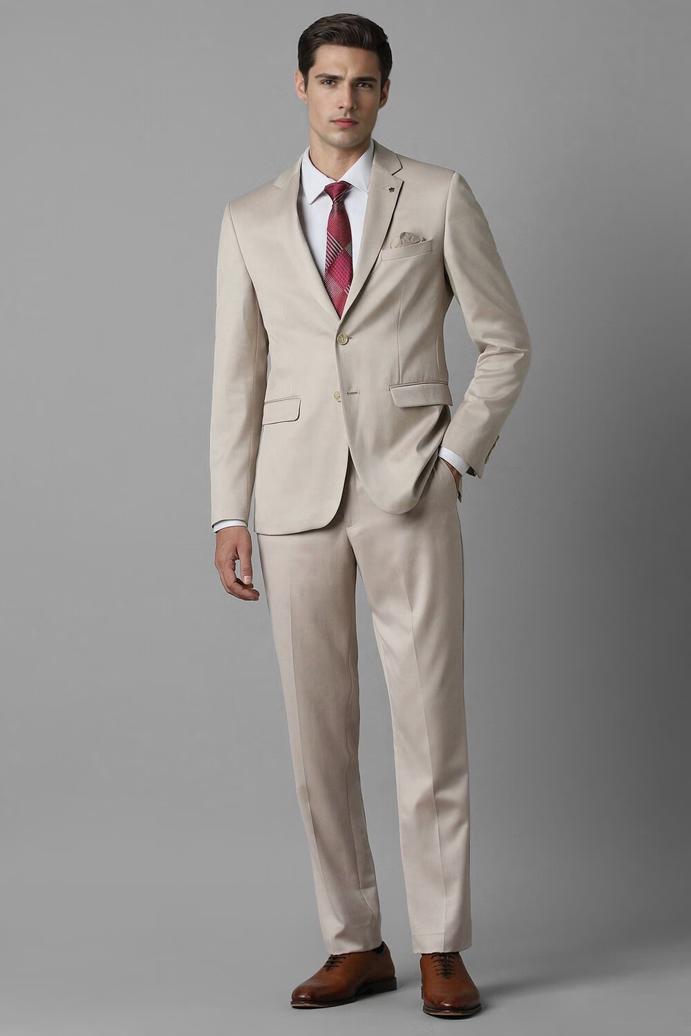 Men Beige Slim Fit Solid Formal Two Piece Suit-Beige