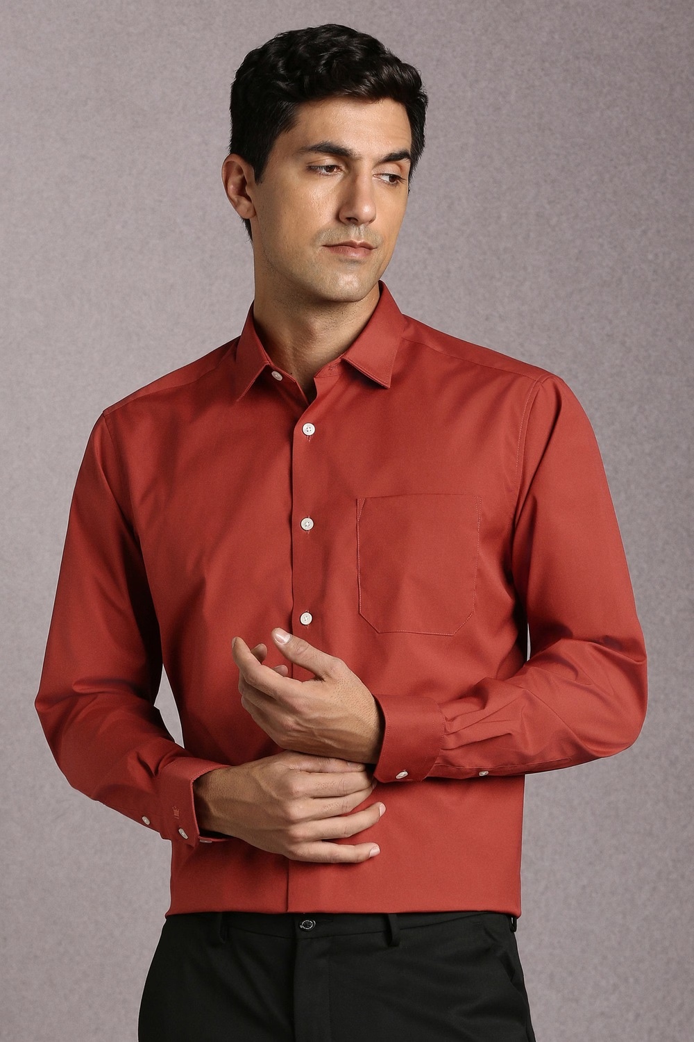 Men Red Solid Full Sleeves Formal Shirt-Red