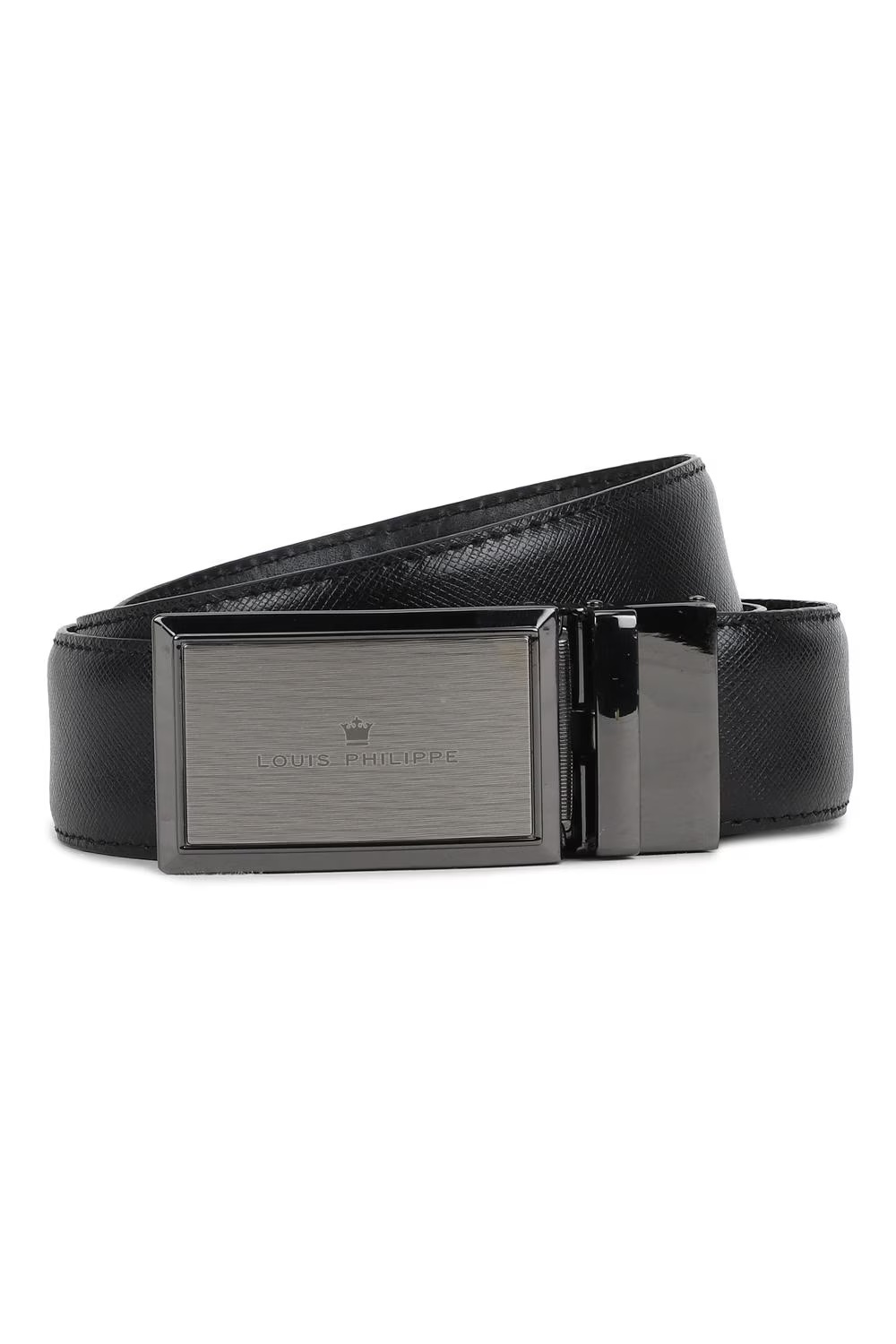 Louis Philippe Men Black Textured  Formal Auto-lock Italian Leather with Shiny Gun Metal Buckle Belt-Black