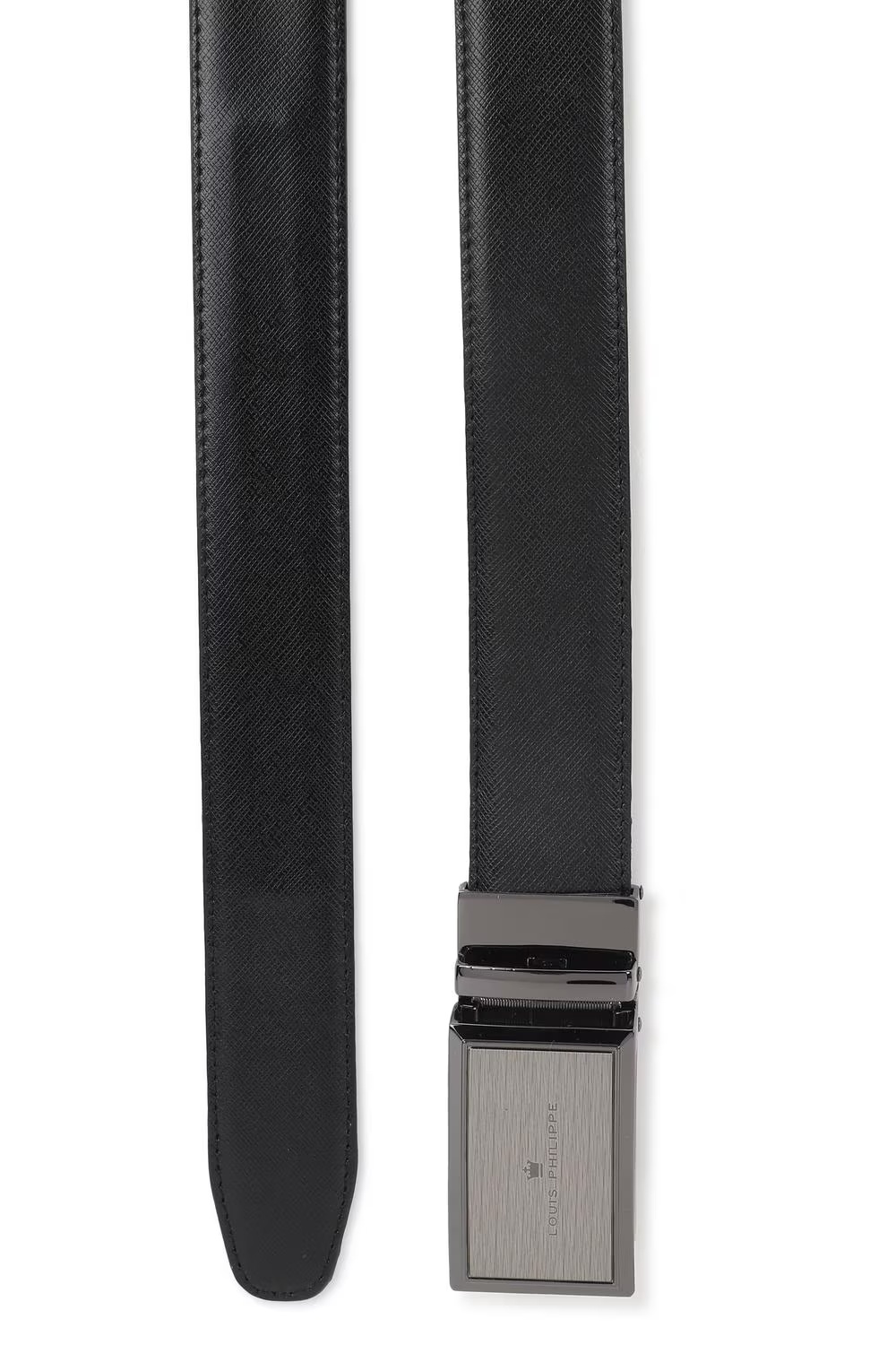 Louis Philippe Men Black Textured  Formal Auto-lock Italian Leather with Shiny Gun Metal Buckle Belt-Black