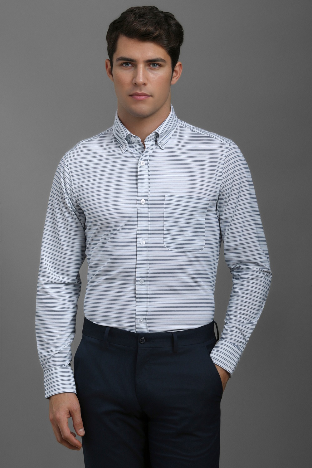 Men White Slim Fit Stripe Full Sleeves Formal Shirt-White