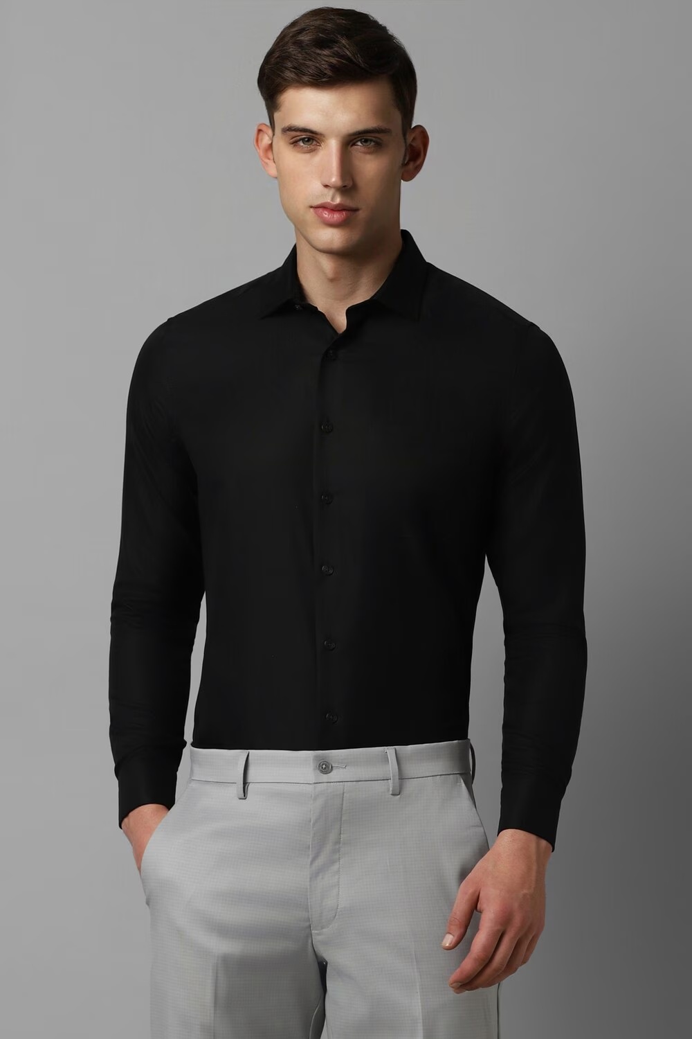 Men Black Slim Fit Solid Full Sleeves Formal Shirt-Black