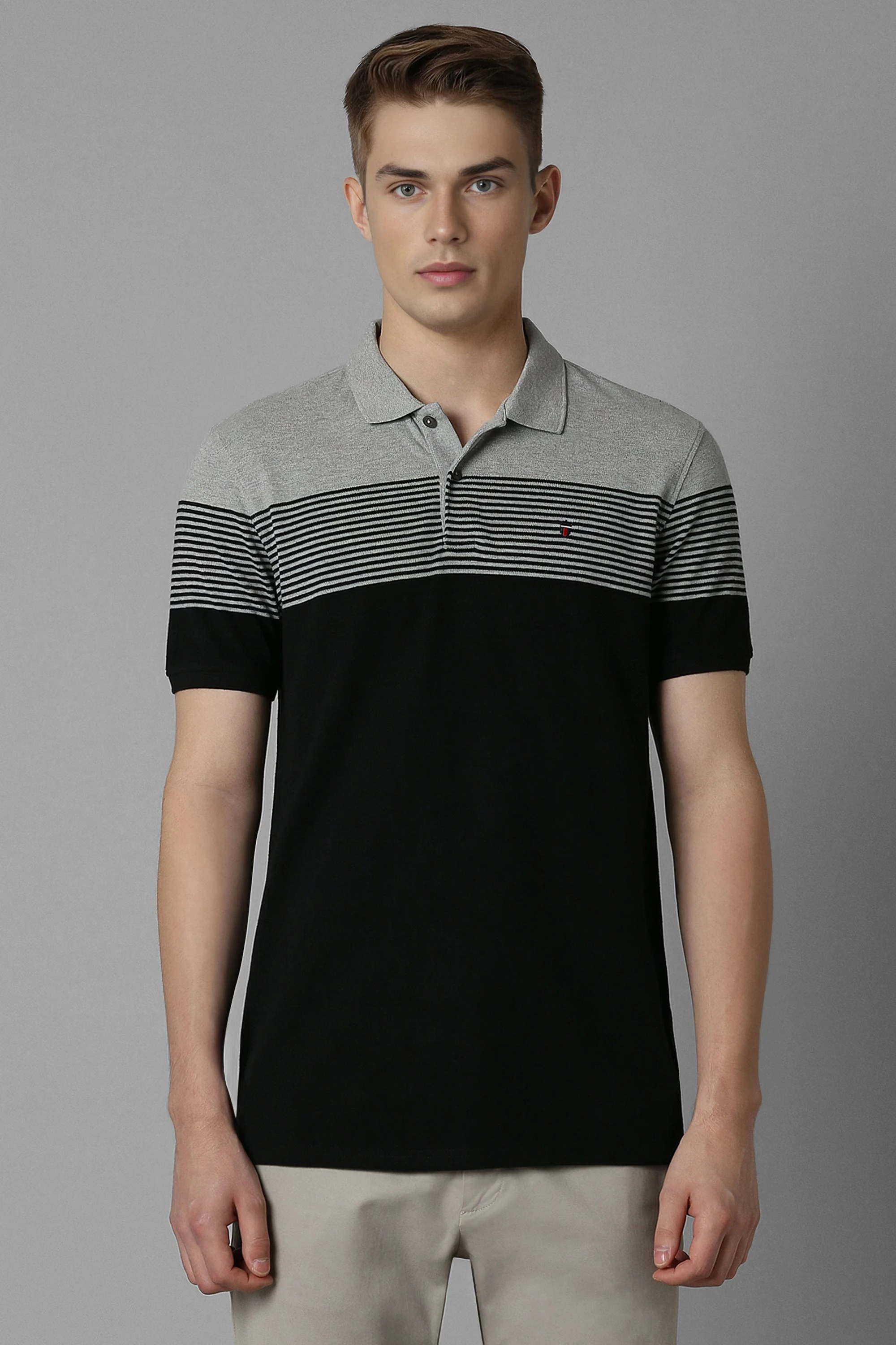 Men Black Print Polo Neck T-shirt-Black