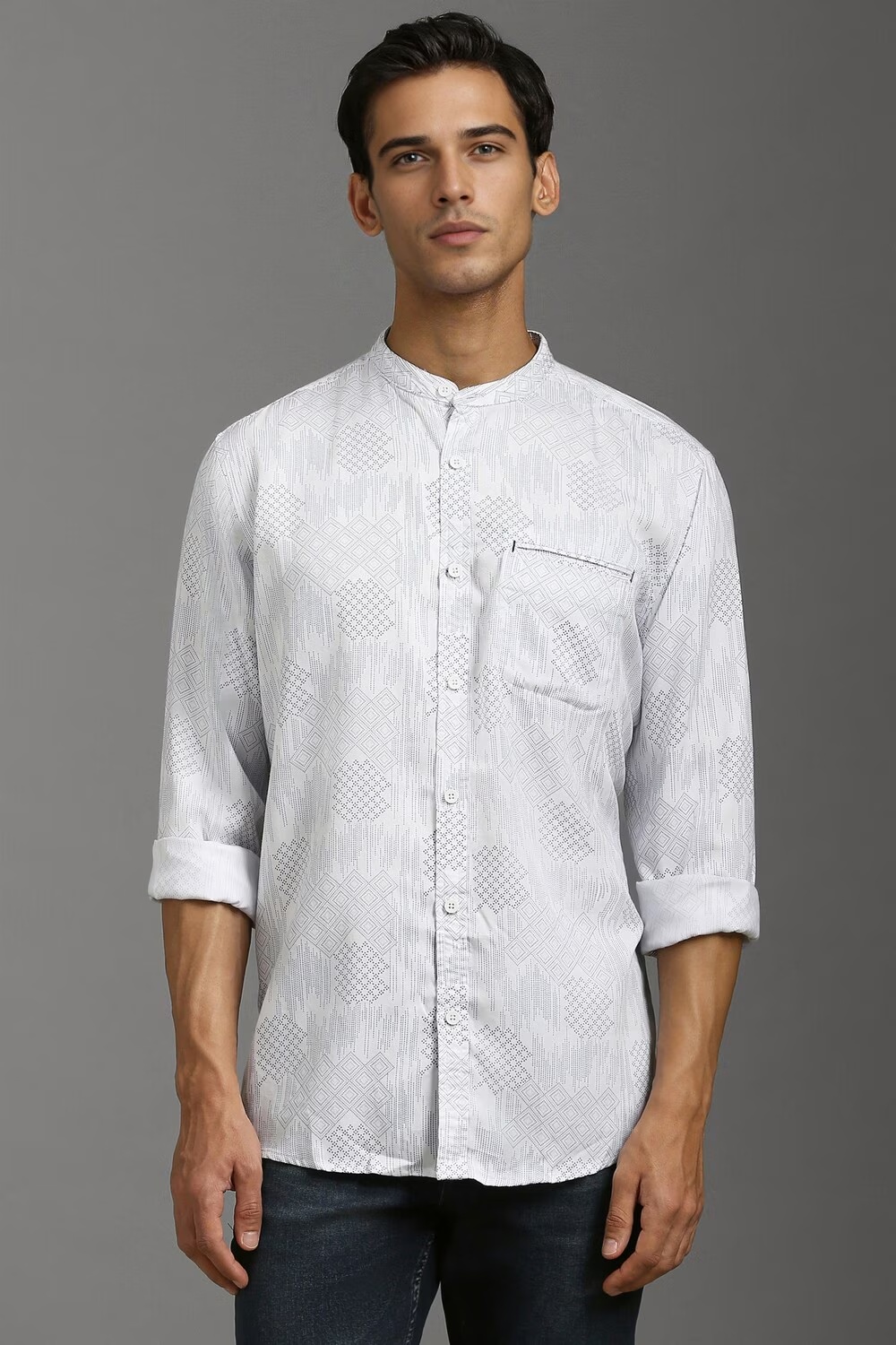 Men White Slim Fit Print Full Sleeves Casual Shirt-White
